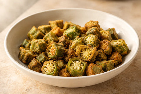 Fried okra pieces with green pod edges and seed centers in a shallow bowl.