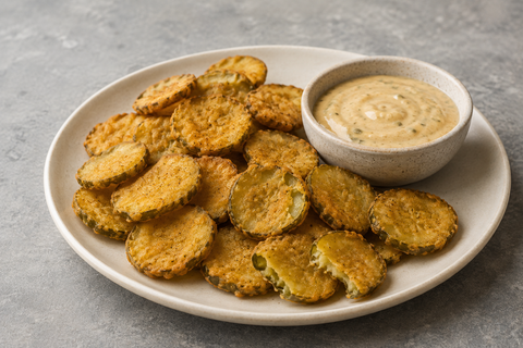 Thin fried dill pickle chips beside a bowl of creamy remoulade.