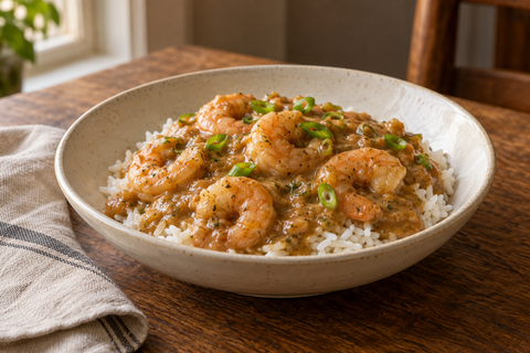 Shrimp in roux-colored étouffée sauce spooned over white rice with green onion