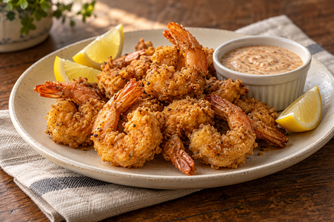 Crisp Cajun fried shrimp with lemon wedges and dipping sauce