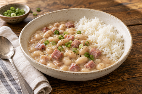 Louisiana white beans and ham over white rice with sliced green onion