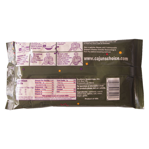 Product packaging by Southern Seasonings, Inc. showing the back of a green Cajun's Choice Fish Fry Seasoning mix bag with purple illustrated cooking instructions, a Nutrition Facts table, and the website www.cajunschoice.com based in Broussard, LA 70518