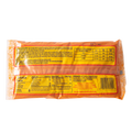 Package of hot dogs with yellow labels on a white background