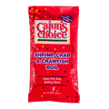 Product photography of a vibrant red Cajun's Choice Louisiana Foods Shrimp, Crab & Crawfish Boil spice mix package featuring a yellow-framed logo, purple text, colorful confetti patterns, and a 100% Natural Flavors No MSG label