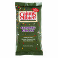 Product photography of a dark green Cajun's Choice Louisiana Foods Seasoned Fish Fry bag featuring a red and white logo, scattered colorful confetti shapes, and a red circle stating 'ALL NATURAL No MSG!'
