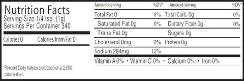 A detailed Nutrition Facts label shows a serving size of 1/4 teaspoon (1g) with 340 servings per container listing zero calories total fat sugars and protein and 284mg sodium providing 12 percent of daily value