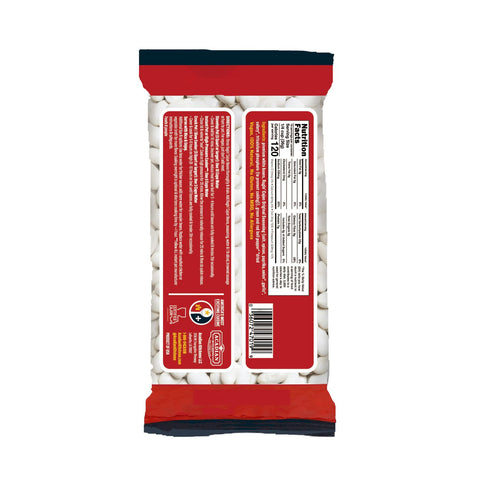 A clear plastic package of Acadian Kitchens Cajun Original White Beans featuring a vibrant red and black label displaying a Nutrition Facts panel and a Certified Cajun emblem