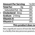 Nutrition Facts label for a product, indicating a 1.5 tablespoon serving has 34 calories 0g total fat 210mg sodium and that the product does not contain MSG