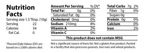 Nutrition Facts label for a product, indicating a 1.5 tablespoon serving has 34 calories 0g total fat 210mg sodium and that the product does not contain MSG