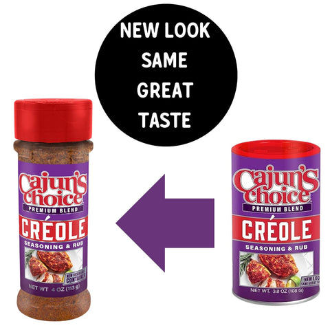 Two bottles of Cajun's Choice Creole seasoning with a new look label.