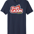 DISTRICT brand navy blue t-shirt displaying a vibrant red and white Ragin Cajun logo with an orange flame accent and a yellow C'EST BON banner