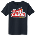 Dark grey short-sleeved t-shirt featuring the Ragin Cajun logo with bold red and white lettering, a blue outline, a fiery 'i' accent, and a yellow 'C'EST BON!' banner