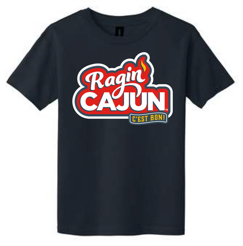 Dark grey short-sleeved t-shirt featuring the Ragin Cajun logo with bold red and white lettering, a blue outline, a fiery 'i' accent, and a yellow 'C'EST BON!' banner