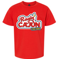 Red Gildan t-shirt with a prominent Ragin' Cajun logo in red, white, and blue, highlighted by a yellow flame and the French phrase C'EST BON