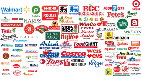 Collection of various grocery store logos on a white background