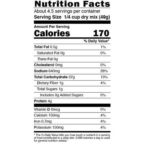 Nutrition Facts label for 1/4 cup dry mix serving showing 170 calories 640mg sodium and 4g protein