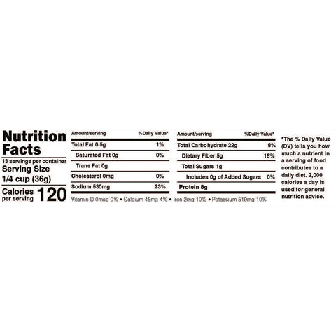 Digital graphic of a nutrition facts label showing 120 calories per serving, 530mg sodium, and 8g protein