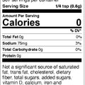 Black and white Nutrition Facts label detailing 0 calories per 1/4 teaspoon serving, 75mg sodium, and noting it is not a significant source of saturated fat, cholesterol, or sugars
