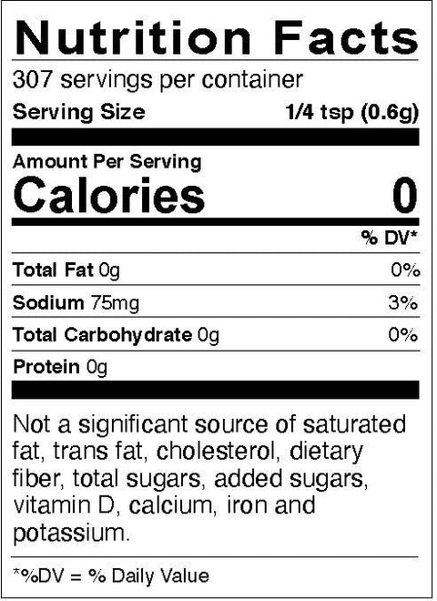 Black and white Nutrition Facts label detailing 0 calories per 1/4 teaspoon serving, 75mg sodium, and noting it is not a significant source of saturated fat, cholesterol, or sugars