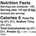 Digital image of a nutrition facts label showing detailed nutritional information for a food product with 130 servings per container zero calories and 75mg sodium at 3% Daily Value