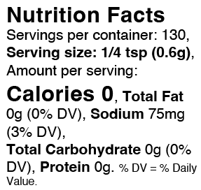 Digital image of a nutrition facts label showing detailed nutritional information for a food product with 130 servings per container zero calories and 75mg sodium at 3% Daily Value