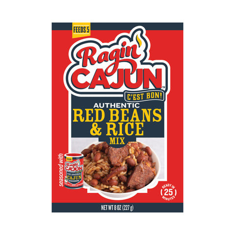 Digital product packaging for Ragin' Cajun Authentic Red Beans & Rice Mix features a vibrant red box with a fiery yellow flame logo, 'C'EST BON!' text, a white bowl showcasing hearty red beans, fluffy white rice, and dark meat chunks, highlighted with 'READY IN (25) MINUTES' callout