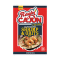 Product package design for Ragin' Cajun Authentic Shrimp & Grits Mix, featuring a prominent red and dark blue label, a vibrant red logo with a yellow flame, and an appetizing photo of prepared shrimp and grits garnished with green herbs and pepper, highlighting "Feeds 5" and "Ready in 25 minutes"