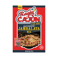 Ragin' Cajun Authentic Jambalaya Mix product package features a bold red background, a blue banner with the script Ragin' Cajun logo and "C'est Bon", a close-up image of rich chicken and sausage jambalaya in a cast iron pot, and callouts indicating it feeds 5 and is ready in 25 minutes