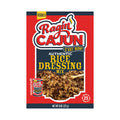 Ragin' Cajun brand packaging for Authentic Rice Dressing Mix on a vibrant red and dark blue background, featuring the brand's logo with a yellow flame, an appetizing image of brown rice dressing with a wooden spoon, a small red seasoning can, and text promoting "Feeds 5", "C'est Bon!", and "Ready in 25 Minutes"