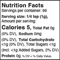 Nutrition Facts label detailing a 1/4 teaspoon serving size containing 5 calories, 0g total fat, and less than 1g total sugars