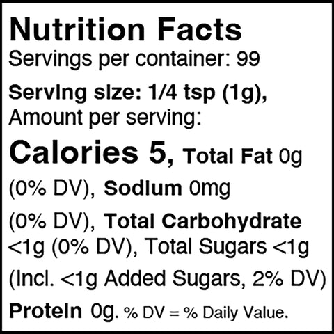 Nutrition Facts label detailing a 1/4 teaspoon serving size containing 5 calories, 0g total fat, and less than 1g total sugars