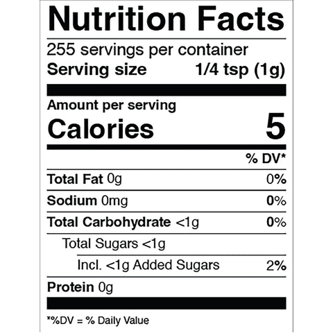 Nutrition Facts label showing 255 servings per container, 5 calories per 1/4 teaspoon serving, 0g total fat, and less than 1g total carbohydrates and sugars