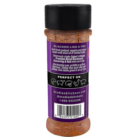 Product photo of an Acadian Kitchens Cajun's Choice Premium Blend Blackened Seasoning & Rub bottle on a white background featuring a purple label with "BLACKEN LIKE A PRO" text and icons for shrimp beef broccoli chicken and pork