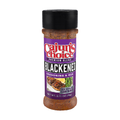 Product photo of Cajun's Choice Blackened Seasoning & Rub in a clear container with a vibrant purple label, bold red and white branding, an appetizing image of blackened fish with a lemon wedge and green asparagus, and a black shaker cap