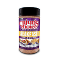 A Cajun's Choice Premium Blend Breakfast Seasoning jar isolated on a white background featuring a vibrant purple label with red and white text, illustrations of breakfast foods like cereal with berries and cinnamon rolls, and highlighting ingredients like Pure Cinnamon, Louisiana Cane Sugar, and Natural Vanilla