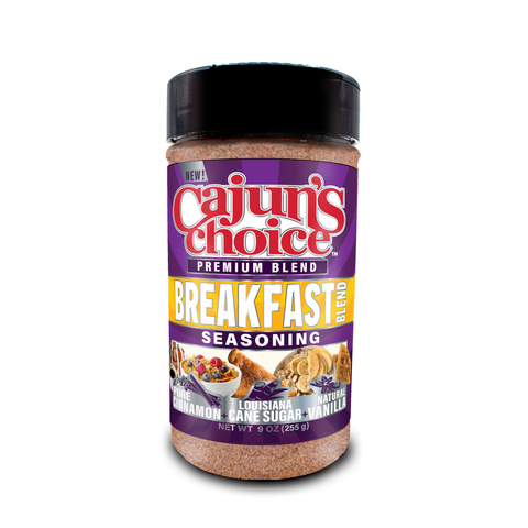 A Cajun's Choice Premium Blend Breakfast Seasoning jar isolated on a white background featuring a vibrant purple label with red and white text, illustrations of breakfast foods like cereal with berries and cinnamon rolls, and highlighting ingredients like Pure Cinnamon, Louisiana Cane Sugar, and Natural Vanilla