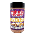 Product photography of Cajun's Choice Premium Blend Breakfast Seasoning in a clear jar with a vibrant purple and yellow label depicting cereal with berries, oatmeal, and waffles, highlighting pure cinnamon, Louisiana cane sugar, and natural vanilla