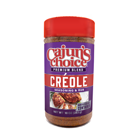 Cajun's Choice Creole Seasoning & Rub premium blend in a clear shaker bottle with a red lid, featuring a vibrant purple and red label displaying seasoned chicken pieces and 'New Resealable Container' text