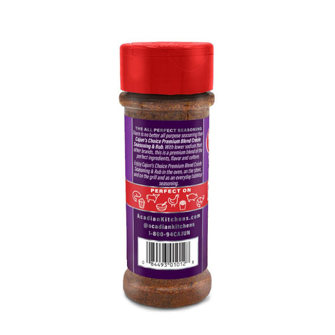 Cajun's Choice Premium Blend Creole Seasoning & Rub bottle on a white background featuring a bright red cap, a purple label with "THE ALL PERFECT SEASONING" text, and small red icons depicting crawfish, chicken, and steak