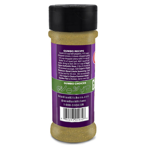 Product photograph of an Acadian Kitchens Premium Blend Creole Seasoning bottle featuring a vibrant purple and green label with a detailed gumbo recipe, whimsical food choice icons, a black shaker cap, and fine tan spice visible inside