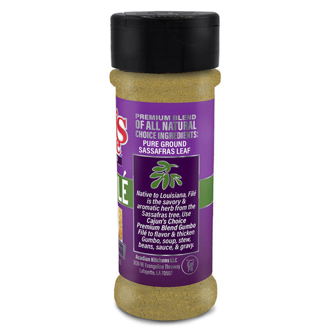 A clear plastic shaker bottle of Acadian Kitchens Pure Ground Sassafras Leaf Filé from Lafayette Louisiana, featuring a vibrant purple label with white text, a green sassafras leaf graphic, and details about its use to flavor and thicken gumbo