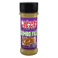Product photo of Cajun's Choice Premium Blend Gumbo Filé seasoning shaker featuring a vibrant purple label with red and white text, prominent green "GUMBO FILÉ" text, a small image of hearty gumbo in a bowl, and a black resealable cap indicating 1.2 oz