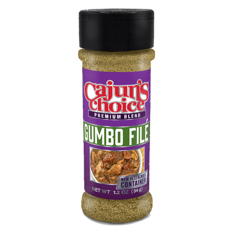 Product photo of Cajun's Choice Premium Blend Gumbo Filé seasoning shaker featuring a vibrant purple label with red and white text, prominent green "GUMBO FILÉ" text, a small image of hearty gumbo in a bowl, and a black resealable cap indicating 1.2 oz