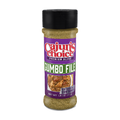 Digital image of a Cajun's Choice Premium Blend Gumbo File spice container featuring a vibrant purple label with green GUMBO FILE text, an appetizing image of chicken and sausage gumbo, and a convenient black resealable cap