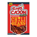 Product packaging for Ragin' Cajun Championship Chili & Beans Mix in vibrant red and dark blue, showcasing a 'NEW!' banner, the Ragin' Cajun script logo with a yellow flame, a gold trophy icon, the slogan 'C'EST BON!', and a prominent image of chunky chili with red beans