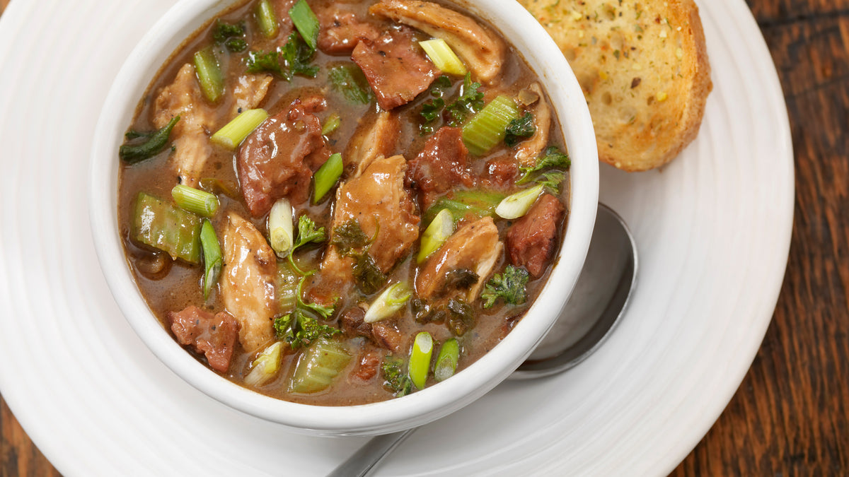 Chicken and sausage gumbo served with rice