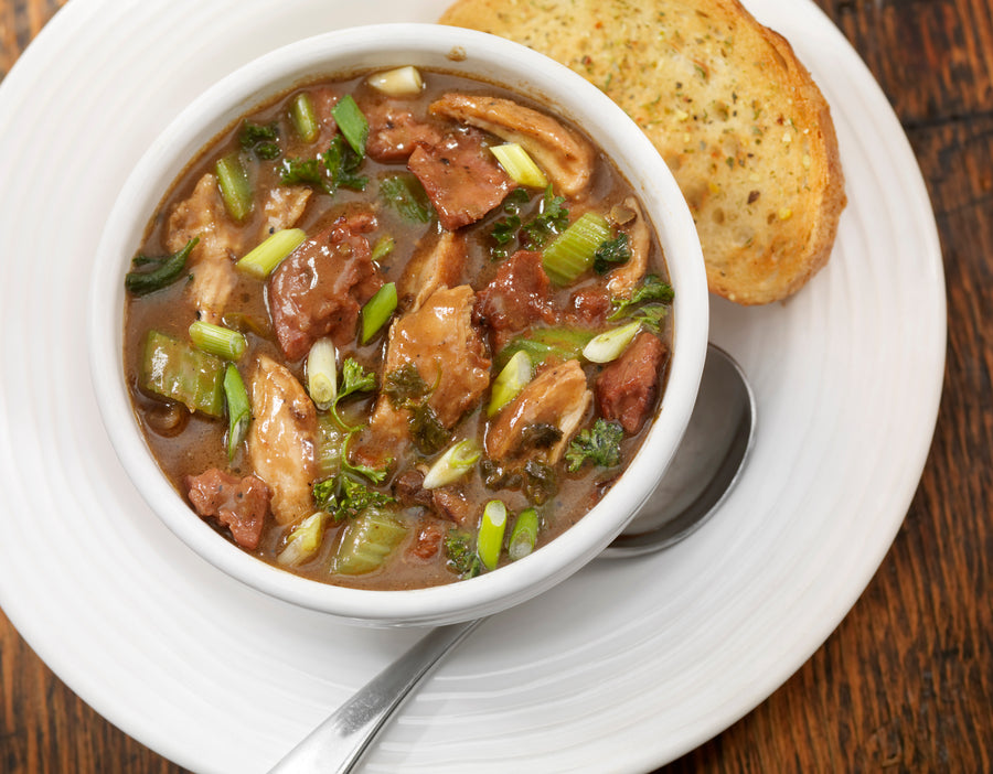 Chicken and sausage gumbo served with rice