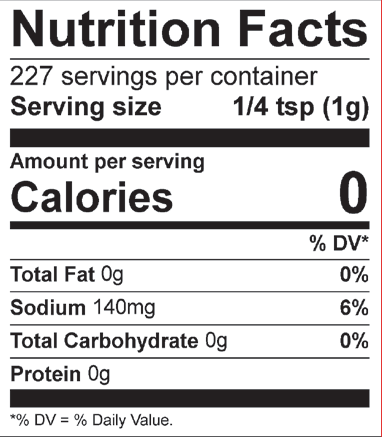 Digital Nutrition Facts label detailing 227 servings per container 0 calories and 140mg sodium 6 percent daily value