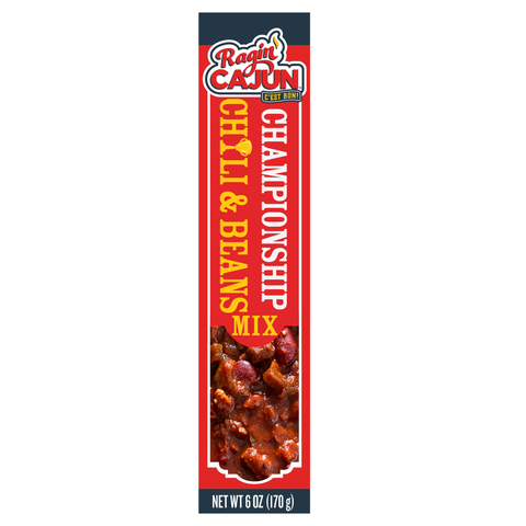 Ragin' Cajun Championship Chili & Beans Mix packaging featuring a red and blue background, a Ragin' Cajun C'est Bon logo with a flame, a gold trophy icon, and a vibrant image of hearty chili with red beans and meat chunks