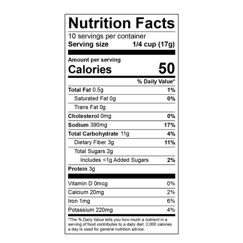 Standard nutrition facts label on a white background detailing 50 calories, 390mg sodium, and 11g total carbohydrates per 1/4 cup serving